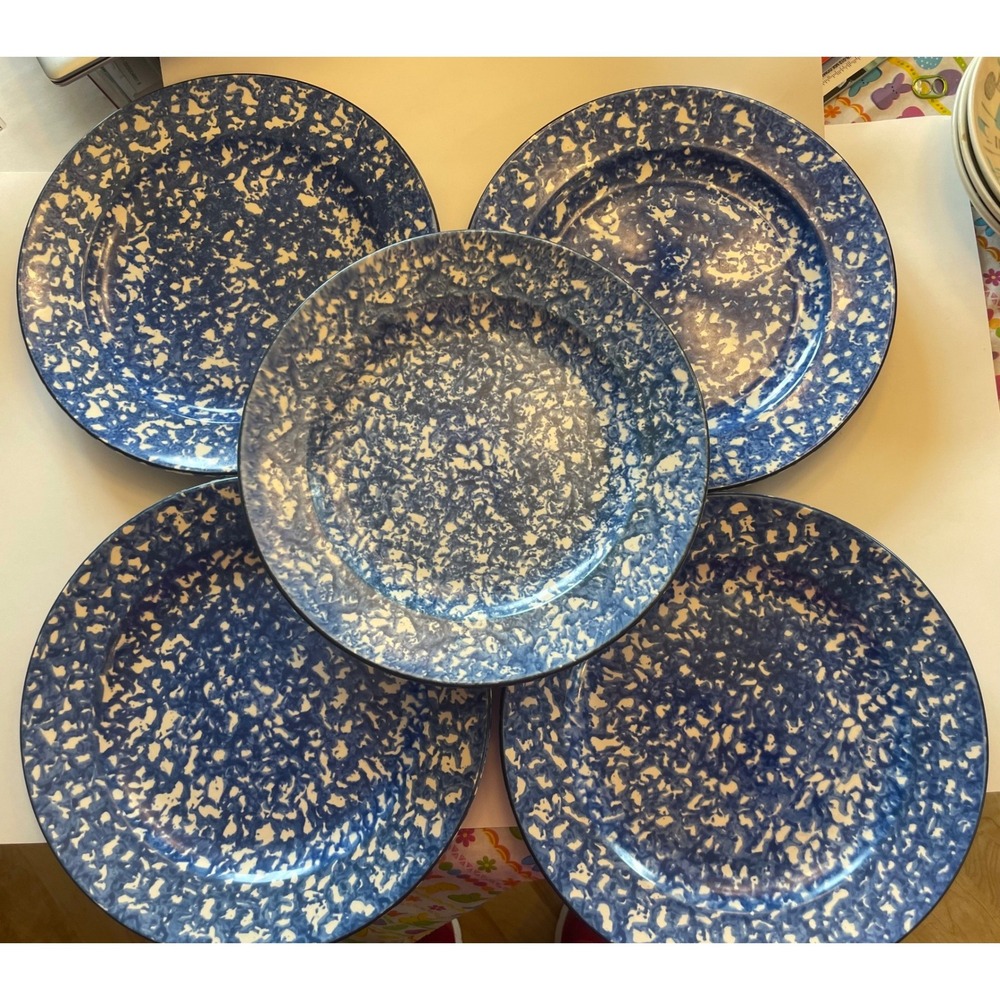 Set of 5 Vintage Stangl Town & Country Blue Spongeware Dinner Plates 10.5"
